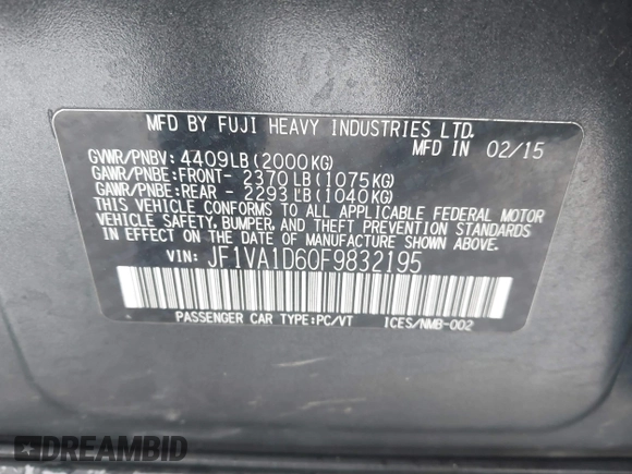 2015 Subaru WRX Premium with VIN JF1VA1D60F9832195, listed as a IAAI auction lot 41098081 with 152,088 mi miles. Bid and sale history available at carsss.com. Image 7.