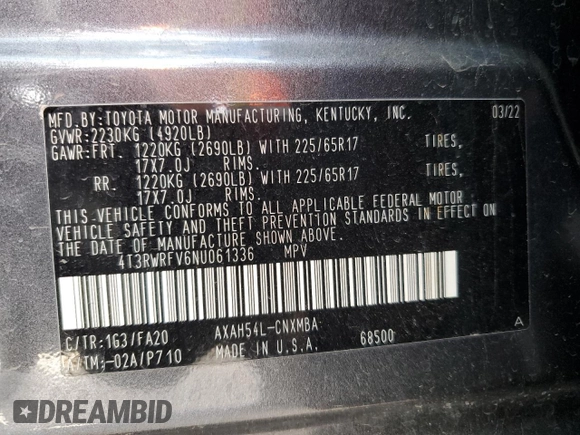 2022 Toyota RAV4 Hybrid XLE with VIN 4T3RWRFV6NU061336, listed as a Copart auction lot 51602405 with 47,653 mi miles and Salvage title. Bid and sale history available at DreamBid. Image 12.