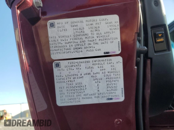 1993 Chevrolet Corvette with VIN 1G1YY23P3P5109106, listed as a Copart auction lot 53543765 with 37,828 mi miles and Salvage title. Bid and sale history available at DreamBid. Image 15.