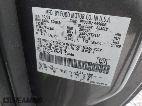 2003 Ford F-350 XL with VIN 1FTSX31F63EB09868, listed as a IAAI auction lot 41794191 with 124,074 mi miles and . Bid and sale history available at DreamBid. Image 9.
