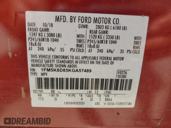 2019 Ford Explorer XLT с VIN 1FM5K8D85KGA57489, выставлен на аукционе Copart как лот 62483345 с пробегом 50 042 миль миль и Списание • Salvage title. История ставок и продаж доступна на DreamBid. Изображение 13.