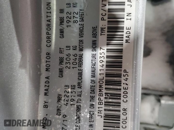 2020 Mazda 3 Preferred with VIN JM1BPBMM0L1149357, listed as a Copart auction lot 45703245 with 54,814 mi miles and Salvage title. Bid and sale history available at DreamBid. Image 12.