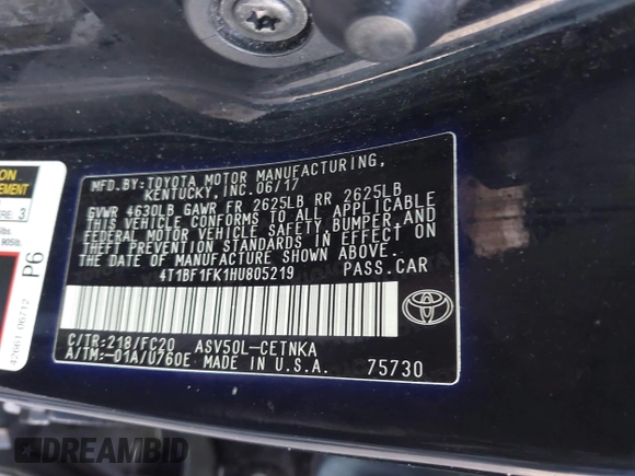 2017 Toyota Camry XLE z VIN 4T1BF1FK1HU805219, wystawiony jako IAAI lot #42199342 z przebiegiem 133 102 mil mil oraz . Historia ofert i sprzedaży dostępna na DreamBid. Obrazek 9.