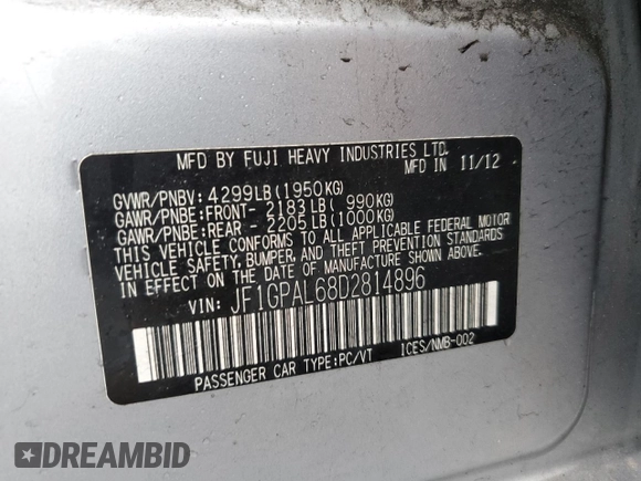 2013 Subaru Impreza Special Sports Premium с VIN JF1GPAL68D2814896, выставлен на аукционе Copart как лот 55461265 с пробегом 141 467 миль миль и Списание • Salvage title. История ставок и продаж доступна на DreamBid. Изображение 12.