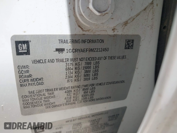2021 Chevrolet Silverado 1500 Work Truck with VIN 1GCRYAEF9MZ212450, listed as a IAAI auction lot 42223475 with Not Provided miles and . Bid and sale history available at DreamBid. Image 9.