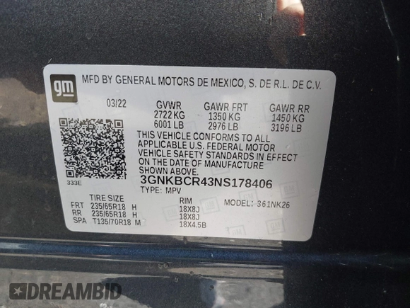 2022 Chevrolet Blazer LT with VIN 3GNKBCR43NS178406, listed as a IAAI auction lot 40300724 with 30,384 mi miles and . Bid and sale history available at DreamBid. Image 9.