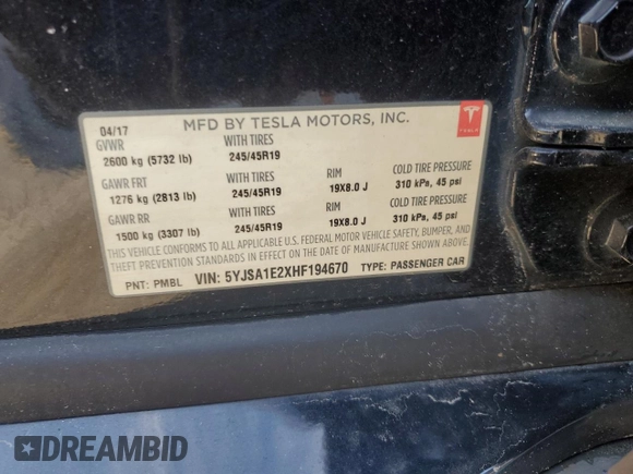 2017 Tesla Model S 100D with VIN 5YJSA1E2XHF194670, listed as a Copart auction lot 57919145 with 122,314 mi miles and Clean title. Bid and sale history available at DreamBid. Image 13.