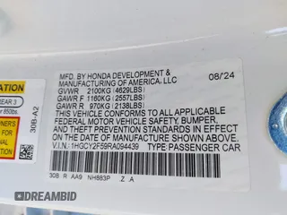 2024 Honda Accord Sport с VIN 1HGCY2F59RA094439, выставлен на аукционе IAAI как лот 41747166 с пробегом 2 749 миль миль и . История ставок и продаж доступна на DreamBid. Изображение 9.