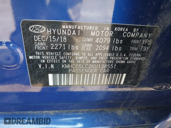 2019 Hyundai Ioniq Limited with VIN KMHC05LC2KU138551, listed as a IAAI auction lot 42416878 with 154,928 mi miles and . Bid and sale history available at DreamBid. Image 9.