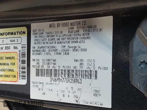 2016 Ford Fusion SE with VIN 3FA6P0H77GR358963, listed as a IAAI auction lot 41959970 with 114,403 mi miles. Bid and sale history available at carsss.com. Image 9.