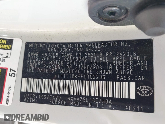 2023 Toyota Camry SE z VIN 4T1T11BK4PU102236, wystawiony jako IAAI lot #42001524 z przebiegiem 50 818 mil mil oraz . Historia ofert i sprzedaży dostępna na DreamBid. Obrazek 9.