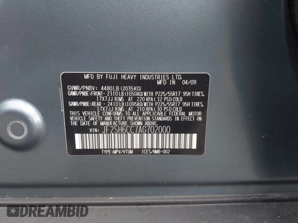2010 Subaru Forester X Premium with VIN JF2SH6CC7AG702000, listed as a IAAI auction lot 42271890 with 173,003 mi miles and . Bid and sale history available at DreamBid. Image 9.
