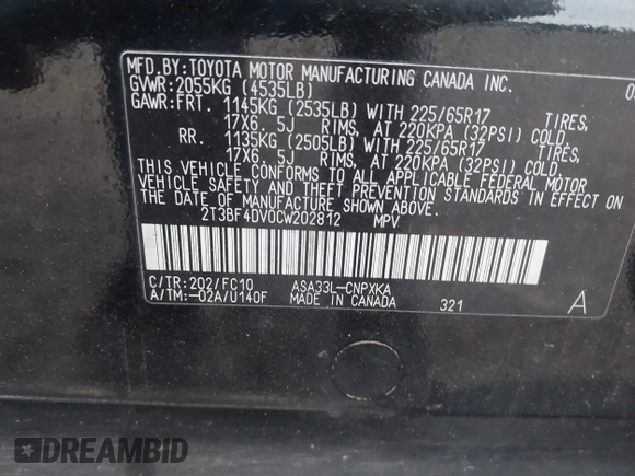 2012 Toyota RAV4 с VIN 2T3BF4DV0CW202812, выставлен на аукционе IAAI как лот 42001823 с пробегом 124 324 миль миль и . История ставок и продаж доступна на DreamBid. Изображение 9.