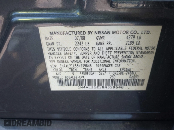 2008 Nissan Altima 2.5 with VIN 1N4AL21E58N559646, listed as a IAAI auction lot 41884370 with 152,337 mi miles. Bid and sale history available at carsss.com. Image 9.