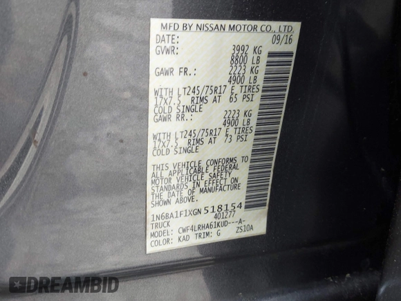 2016 Nissan Titan S with VIN 1N6BA1F1XGN518154, listed as a IAAI auction lot 42249342 with 168,538 mi miles and . Bid and sale history available at DreamBid. Image 9.