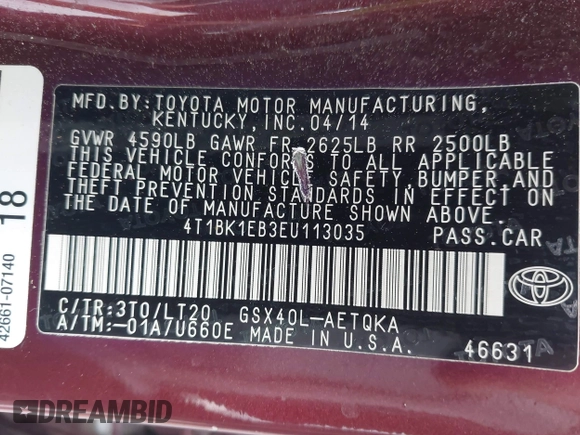 2014 Toyota Avalon Limited with VIN 4T1BK1EB3EU113035, listed as a IAAI auction lot 42040239 with 118,609 mi miles. Bid and sale history available at carsss.com. Image 9.