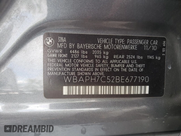2011 BMW 3 Series 328i z VIN WBAPH7C52BE677190, wystawiony jako Copart lot #55494325 z przebiegiem 89 217 mil mil oraz Szkoda całkowita • Salvage title. Historia ofert i sprzedaży dostępna na DreamBid. Obrazek 12.