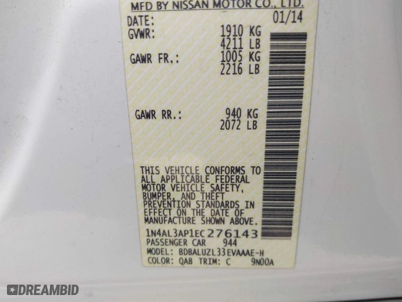 2014 Nissan Altima 2.5 with VIN 1N4AL3AP1EC276143, listed as a IAAI auction lot 41924042 with 137,896 mi miles. Bid and sale history available at carsss.com. Image 9.