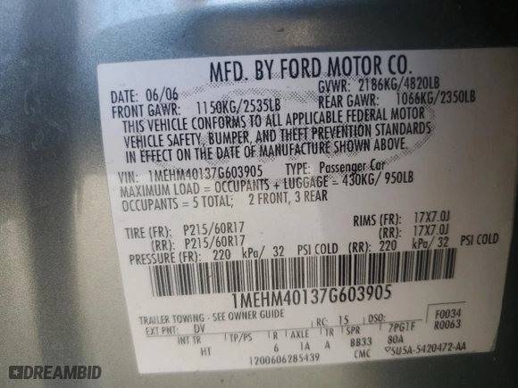 2007 Mercury Montego with VIN 1MEHM40137G603905, listed as a Copart auction lot 68421714 with 137,256 mi miles and Salvage Title. Bid and sale history available at carsss.com. Image 12.