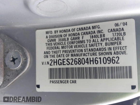 2004 Honda Civic EX with VIN 2HGES26804H610962, listed as a IAAI auction lot 41732957 with 1 mi miles. Bid and sale history available at carsss.com. Image 9.