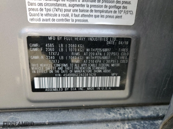 2010 Subaru Outback Prem All-Weathr/Pwr Moon with VIN 4S4BRBGC2A3381629, listed as a Copart auction lot 53649785 with 175,660 mi miles and Salvage Title. Bid and sale history available at carsss.com. Image 12.