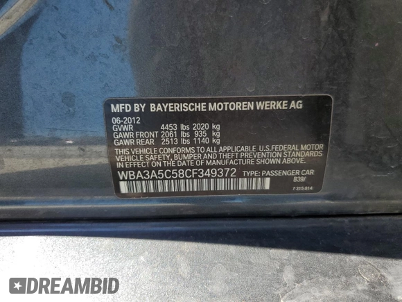 2012 BMW 3 Series 328i z VIN WBA3A5C58CF349372, wystawiony jako Copart lot #74259184 z przebiegiem Nie podano mil oraz Szkoda całkowita • Salvage title. Historia ofert i sprzedaży dostępna na DreamBid. Obrazek 12.