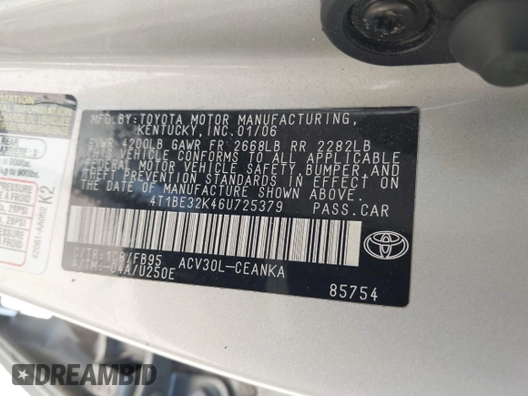 2006 Toyota Camry STD z VIN 4T1BE32K46U725379, wystawiony jako IAAI lot #42247594 z przebiegiem 83 586 mil mil oraz . Historia ofert i sprzedaży dostępna na DreamBid. Obrazek 9.