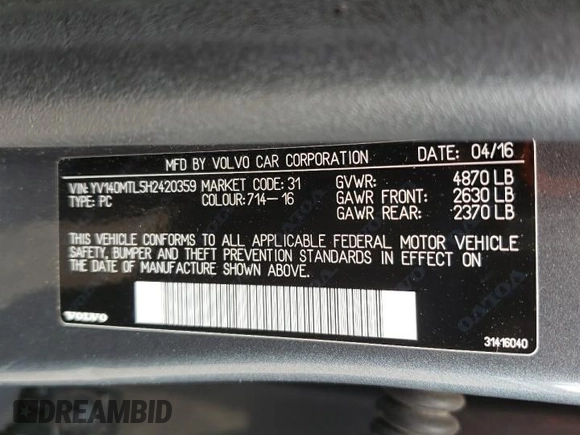 2017 Volvo S60 Dynamic with VIN YV140MTL5H2420359, listed as a Copart auction lot 53880315 with 189,512 mi miles and Salvage Title. Bid and sale history available at carsss.com. Image 12.