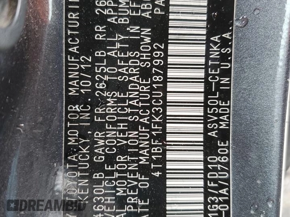 2012 Toyota Camry L with VIN 4T1BF1FK3CU187992, listed as a Copart auction lot 50656905 with 202,751 mi miles and Salvage Title. Bid and sale history available at DreamBid. Image 16.