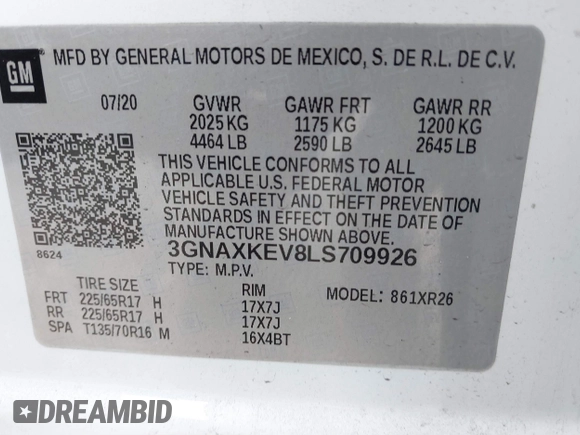 2020 Chevrolet Equinox LT with VIN 3GNAXKEV8LS709926, listed as a IAAI auction lot 41864820 with 59,093 mi miles and . Bid and sale history available at carsss.com. Image 9.