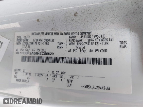 2017 Ford F-250 XL with VIN 1FDBF2A66HEC86629, listed as a IAAI auction lot 42036870 with 73,123 mi miles and . Bid and sale history available at DreamBid. Image 9.