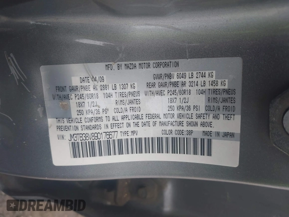 2009 Mazda CX-9 Touring with VIN JM3TB38V890176677, listed as a IAAI auction lot 42277474 with 210,772 mi miles and . Bid and sale history available at DreamBid. Image 9.