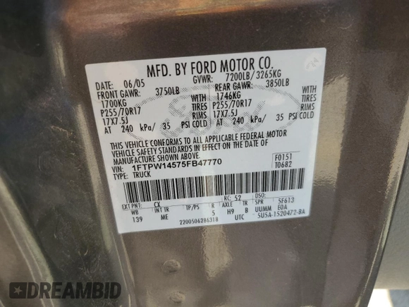 2005 Ford F-150 XLT с VIN 1FTPW14575FB47770, выставлен на аукционе Copart как лот 59929125 с пробегом 116 359 миль миль и Списание • Salvage title. История ставок и продаж доступна на DreamBid. Изображение 12.