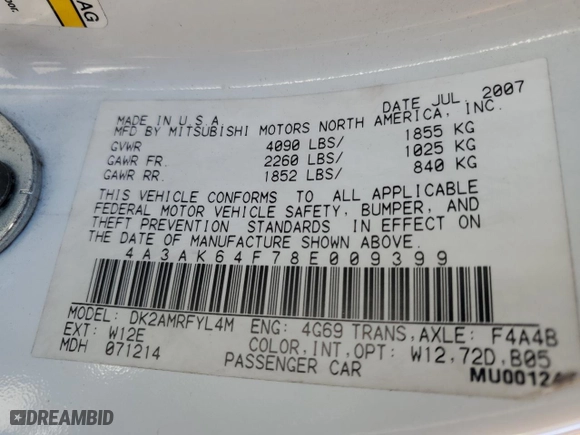 2008 Mitsubishi Eclipse GS with VIN 4A3AK64F78E009399, listed as a Copart auction lot 83685154 with 0 mi miles and Salvage Title. Bid and sale history available at carsss.com. Image 14.