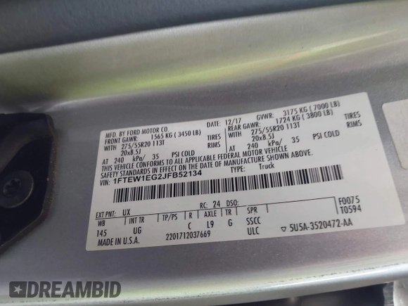 2018 Ford F-150 XL with VIN 1FTEW1EG2JFB52134, listed as a IAAI auction lot 42334009 with 130,315 mi miles and . Bid and sale history available at DreamBid. Image 9.