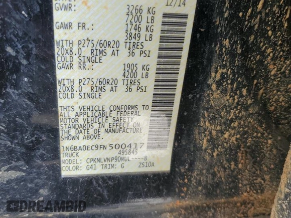 2015 Nissan Titan SL with VIN 1N6BA0EC9FN500417, listed as a Copart auction lot 72916604 with 190,701 mi miles and Salvage Title. Bid and sale history available at carsss.com. Image 12.