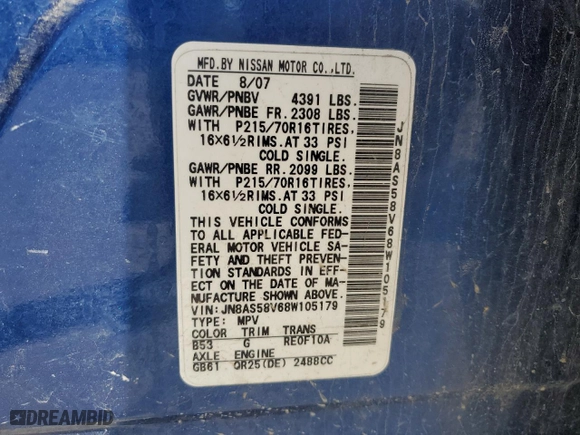 2008 Nissan Rogue S with VIN JN8AS58V68W105179, listed as a Copart auction lot 48247315 with 166,063 mi miles and Salvage Title. Bid and sale history available at carsss.com. Image 15.