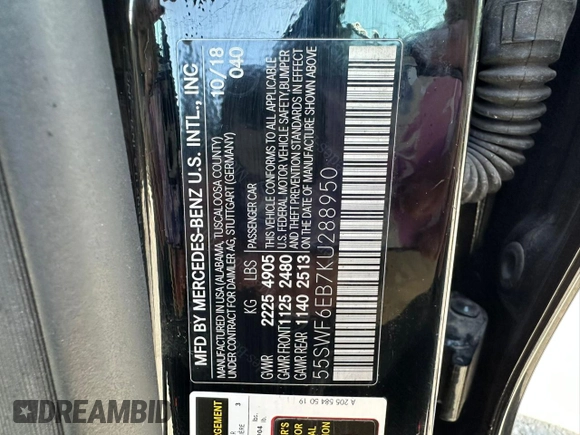 2019 Mercedes-Benz C 43 AMG with VIN 55SWF6EB7KU288950, listed as a Copart auction lot 62078175 with 107,060 mi miles and Clean title. Bid and sale history available at DreamBid. Image 10.