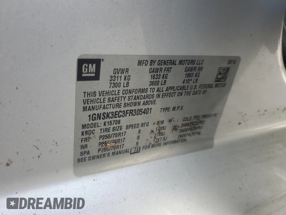 2015 Chevrolet Tahoe z VIN 1GNSK3EC3FR305401, wystawiony jako Copart lot #80819994 z przebiegiem Nie podano mil oraz Szkoda całkowita • Salvage title. Historia ofert i sprzedaży dostępna na DreamBid. Obrazek 14.
