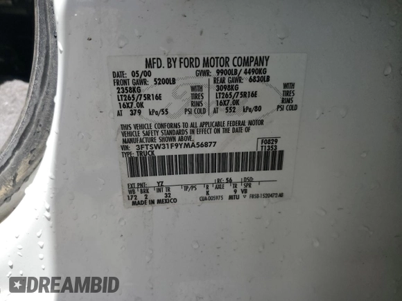 2000 Ford F-350 XL with VIN 3FTSW31F9YMA56877, listed as a Copart auction lot 62733624 with 120,595 mi miles and Salvage Title. Bid and sale history available at DreamBid. Image 12.