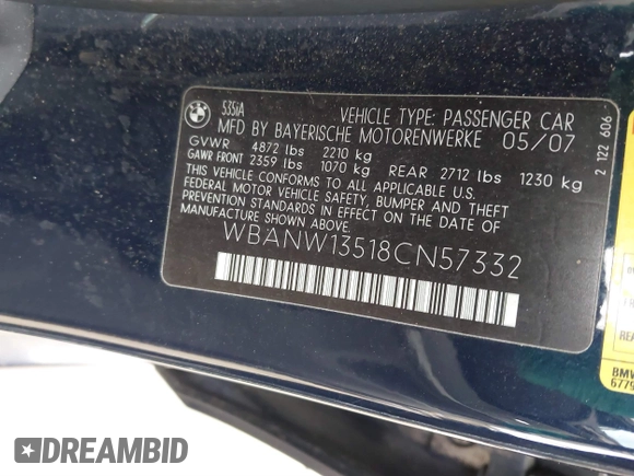2008 BMW 5 Series 535i with VIN WBANW13518CN57332, listed as a IAAI auction lot 41538155 with 150,466 mi miles and . Bid and sale history available at carsss.com. Image 9.