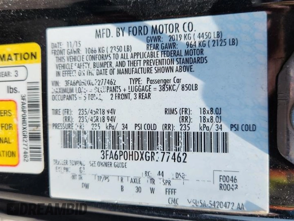 2016 Ford Fusion SE with VIN 3FA6P0HDXGR277462, listed as a Copart auction lot 63275485 with 92,627 mi miles and Salvage title. Bid and sale history available at DreamBid. Image 12.