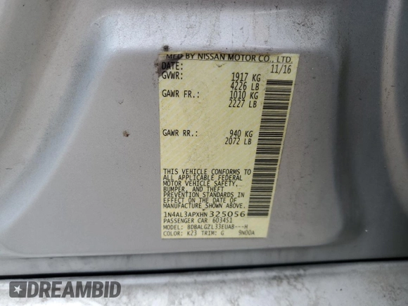2017 Nissan Altima S with VIN 1N4AL3APXHN325056, listed as a Copart auction lot 61234335 with 200,413 mi miles and Clean title. Bid and sale history available at DreamBid. Image 12.