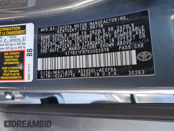 2019 Toyota Avalon Limited Hybrid z VIN 4T1B21FB7KU002918, wystawiony jako Copart lot #54236075 z przebiegiem 79 900 mil mil oraz Szkoda całkowita • Salvage title. Historia ofert i sprzedaży dostępna na DreamBid. Obrazek 13.