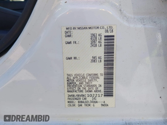 2019 Nissan Altima S with VIN 1N4BL4BV8KC102217, listed as a IAAI auction lot 41726559 with 84,310 mi miles and . Bid and sale history available at carsss.com. Image 9.