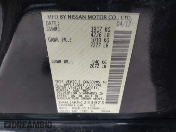 2017 Nissan Altima SV with VIN 1N4AL3AP2HC253975, listed as a IAAI auction lot 42467047 with 109,215 mi miles and . Bid and sale history available at DreamBid. Image 9.