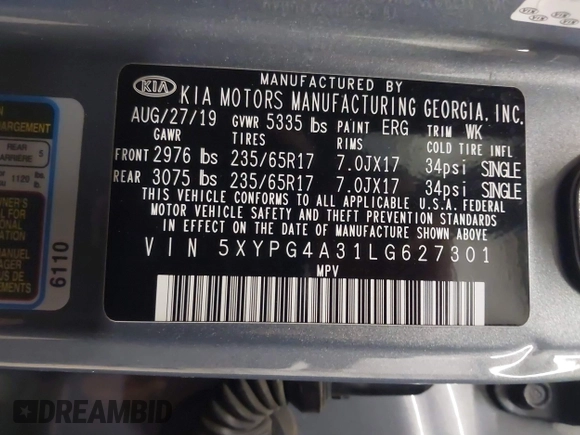 2020 Kia Sorento LX with VIN 5XYPG4A31LG627301, listed as a IAAI auction lot 41390047 with 68,312 mi miles and . Bid and sale history available at DreamBid. Image 9.