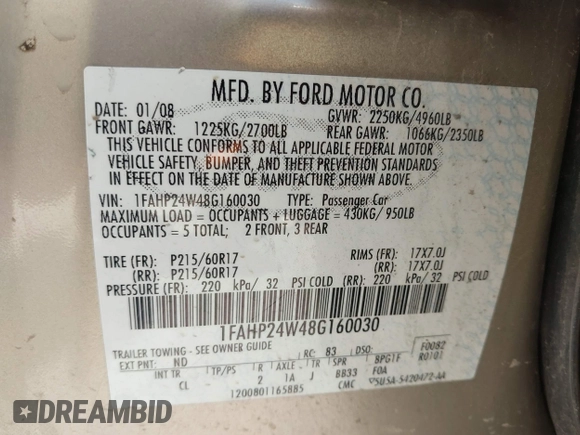 2008 Ford Taurus SEL with VIN 1FAHP24W48G160030, listed as a IAAI auction lot 40360871 with 194,674 mi miles. Bid and sale history available at carsss.com. Image 9.