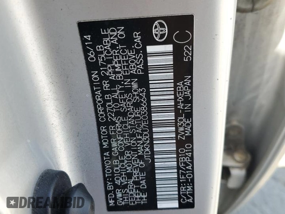 2014 Toyota Prius Four with VIN JTDKN3DU7E0386643, listed as a Copart auction lot 59046375 with 115,888 mi miles and Salvage title. Bid and sale history available at DreamBid. Image 13.