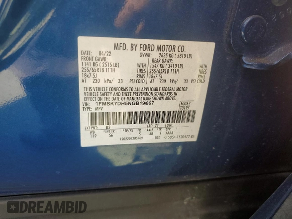 2022 Ford Explorer XLT with VIN 1FMSK7DH5NGB19667, listed as a Copart auction lot 60838495 with 45,469 mi miles and Salvage title. Bid and sale history available at DreamBid. Image 13.